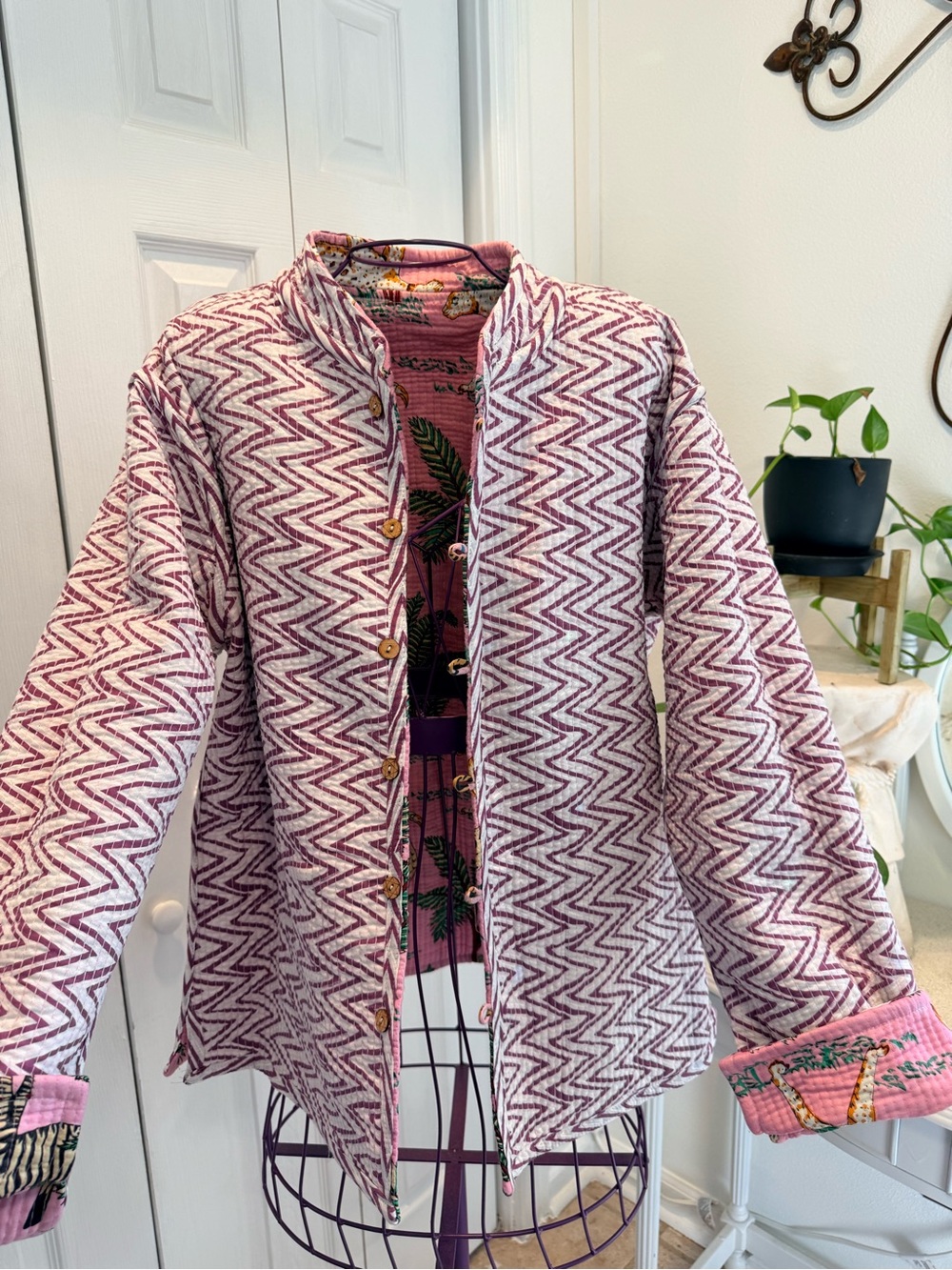 Artsy Cotton Safari Sz 14/16 Reversible Pink Tropical Jungle Print Women Jacket - Picture 5 of 6